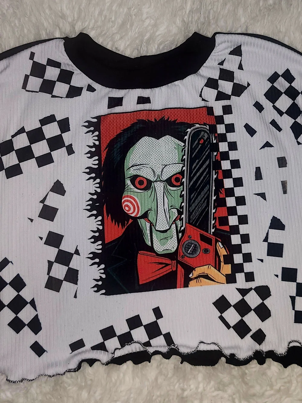 Saw Spooky Horror Checker Mesh Sleeve Girls Shirt 5t Saw 2 Movie Handmade